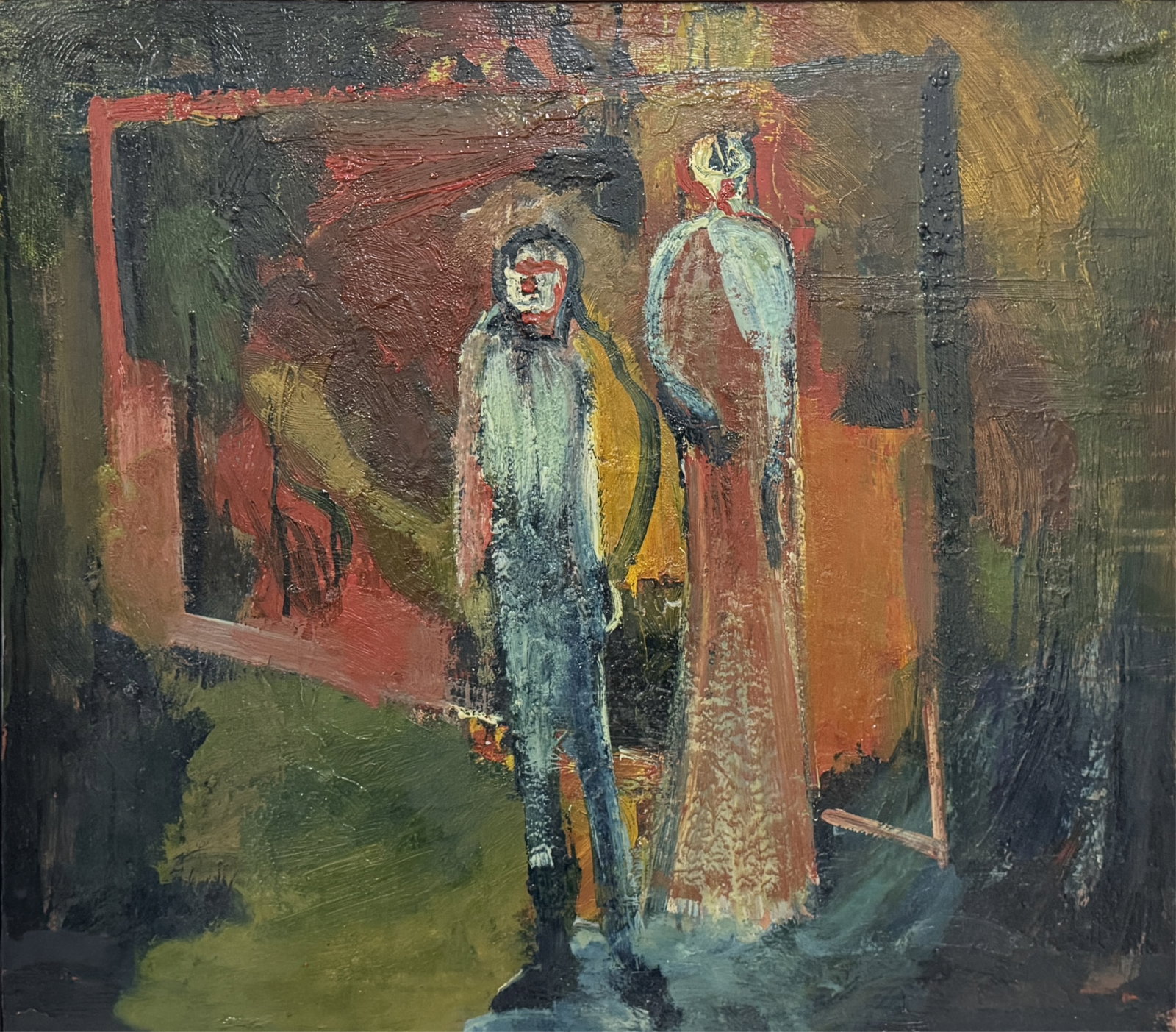 Mike Terry "Performance Figures" Oil on Canvas: Sulis Fine Art Certificate of Authenticity. Year 1987 Frame: 28" x 31 1/4" Image: 24 1/2" x 28" Condition: image has a 2" bubble on the top right and is separated from the fra