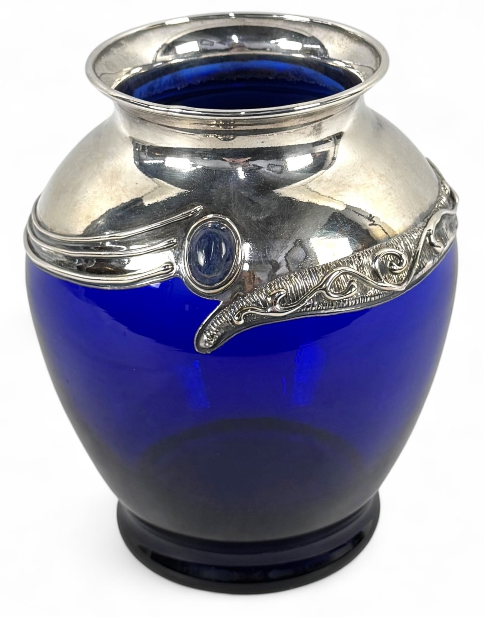 David Barak Sterling Silver, Lapis, & Cobalt Blue Glass Vase: Signed David Barak 925 Size: 7" tall Condition: Good with minor scratches, no chips or cracks