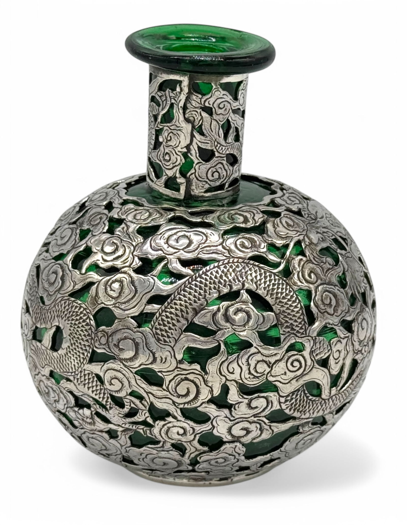 Antique Chinese Green Glass Sterling Overlay Bottle (1 of 6)