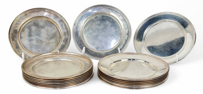 (19) Sterling Silver Bread & Butter Plates: Size: 6" diameterTotal Weight: 44.9oztCondition: all have tarnish, scratches, and dents consistent with age and normal use, some plates monogrammed