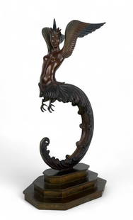 Erte "Firebird" Art Deco Bronze Sculpture: Romain De Tirtoff (Russian, 1892-1990). Depicts a mythical figure or winged female. Impressed RKP Int. Corp. on base. Created in 1980, this is a limited edition piece numbered 158/