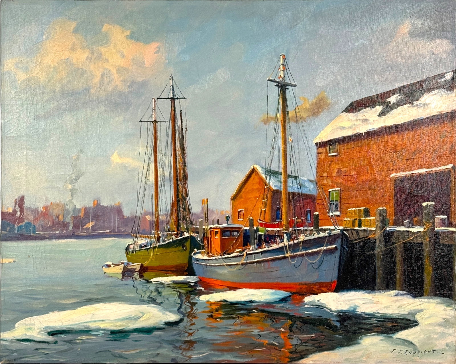 J.J. Enwright "Winter In Gloucester" Oil On Canvas: Signed: Lower right corner, unframed. Dimensions: 24" x 30" Condition: The artwork exhibits craquelure across the surface, with scattered paint loss and minor discoloration. There
