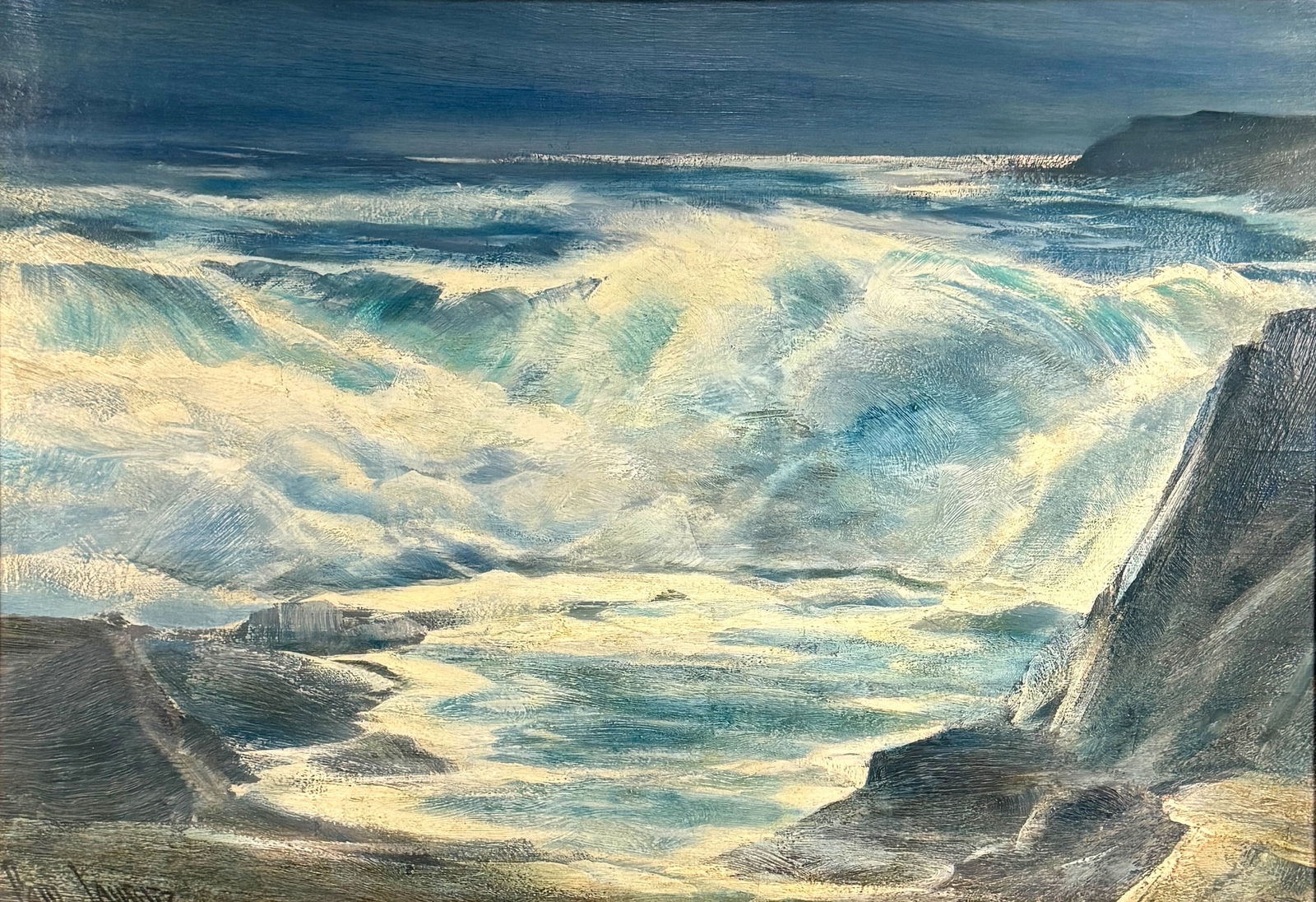 Paul Lauritz 'Seascape' Oil on Board: Signed: Lower right corner; "Bar Harbor, Maine, Paul Lauritz" handwritten in graphite on the reverse. Frame: 26" x 33" Image: 17 1/2" x 25 1/2" Condition: Both