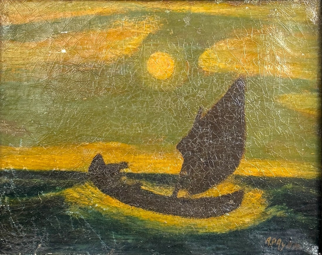 Style of Albert Pinkham Ryder 'Moonlight' Oil On Canvas: Signed in lower right corner. Frame: 15" x 17" Image: 8" x 10" Condition: The artwork shows noticeable craquelure, with small areas of paint loss visible. The frame exhibits sign