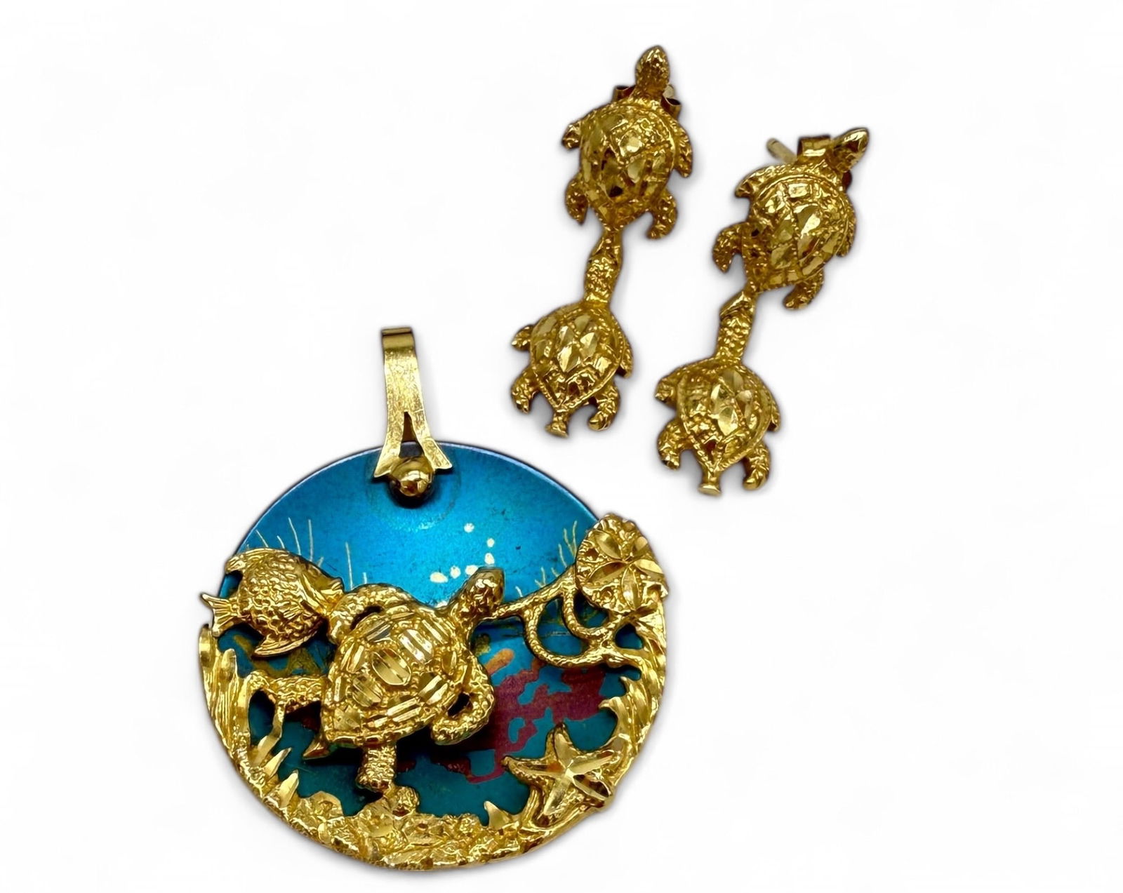 14K Sea Turtle Earring & Pendant Set (1 of 4)