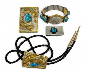 Group Of (4) Native American Sterling Men's Accessories: Belt Buckle, bolo tie, money clip & Timex watch. All pieces are sterling silver, 12K gold filled, and include turquoise & coral. Belt Buckle: 3" x 2" Total Weigh