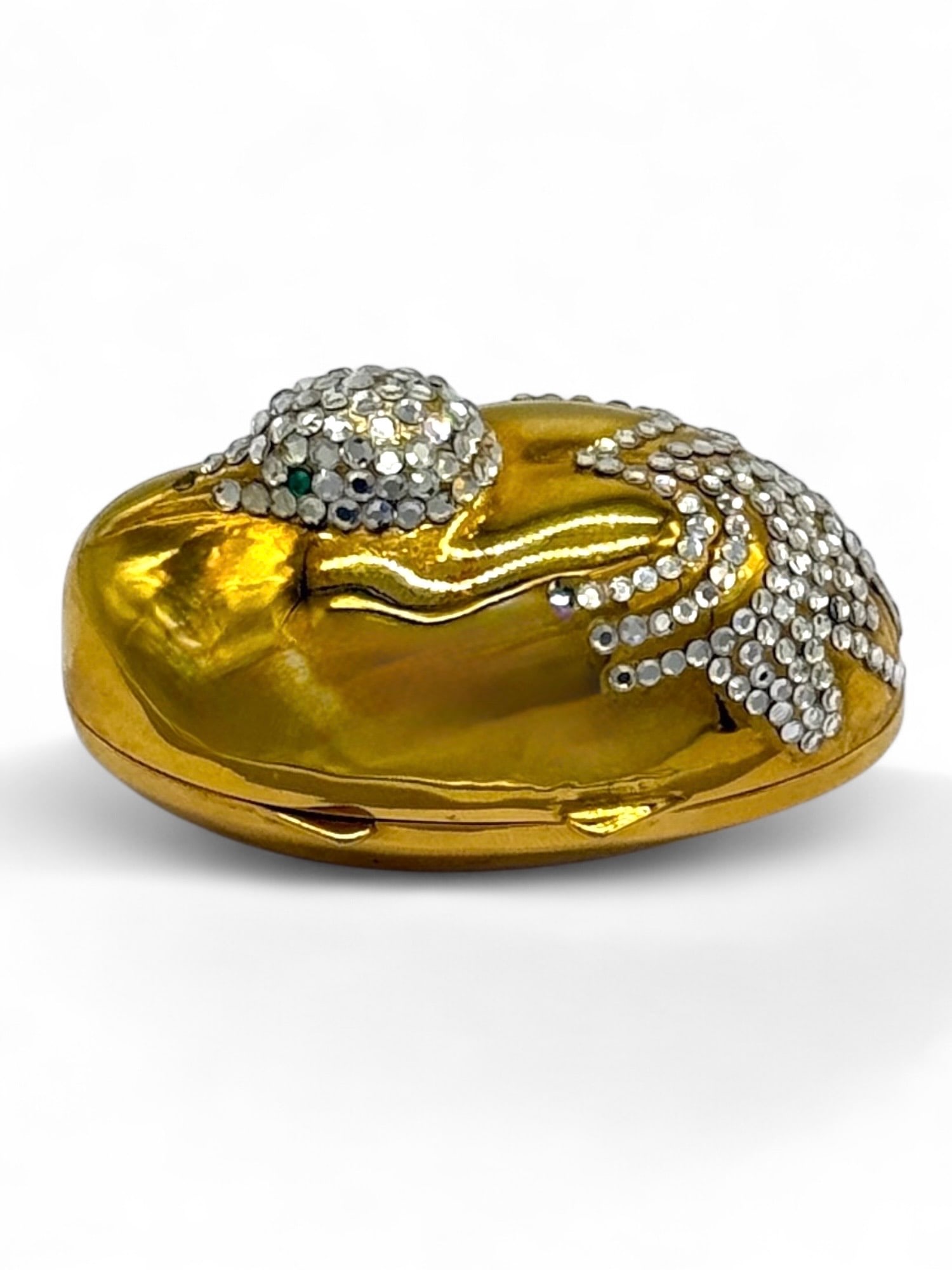 Vintage Judith Leiber 1984 Swarovski Crane Pillbox: Marked on the inside and comes with the original bag. Length: 2" Condition: Good with some light scratches.