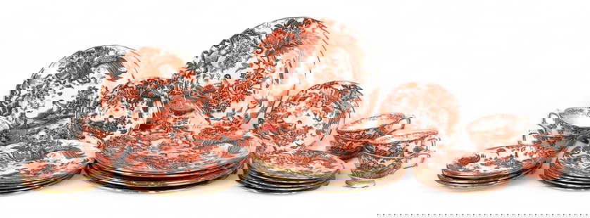 ( 30pc) Royal Crown Derby Red Aves Dinnerware: Service for six, set includes: (6) Dinner Plates (6) Salad Plates (6) Bread &amp; Butter Plates (6) Cups (6) Saucers&nbsp; Condition: All pieces are in very good condition with no chips or cracks.&nbs