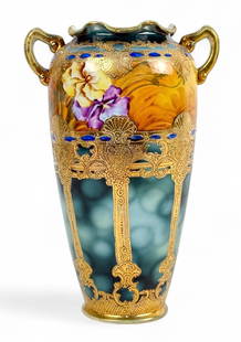 Nippon Double Handled Art Nouveau Vase: Unmarked Nippon bolted two-handled vase with moriage decoration. Gold highlights with beaded enamel and detailed flowers. Size: 10 1/2" Condition:Â Very good vintage condition with minor wear