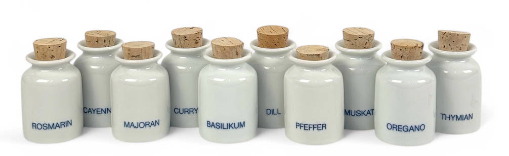 (10) Ole Palsby Danish Modern Spice Jars: Erik Mangor, Denmark, EVA-TRIO Basil Blue spice set Height: 3" Condition: very good with no chips or cracks.