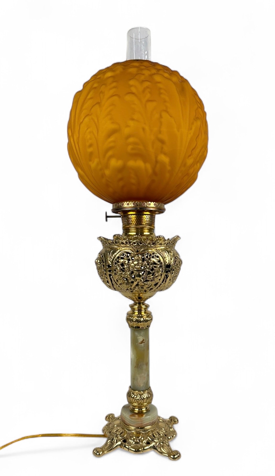 GWTW Marble Brass & Gold Amber Puffy Leaf Shade: Height: 31" Condition: Very good with no chips or cracks and in working condition.