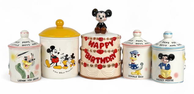 (5) Disney Cookie Jars: Tallest: 11" Condition: Overall in good condition consistent with age.Â