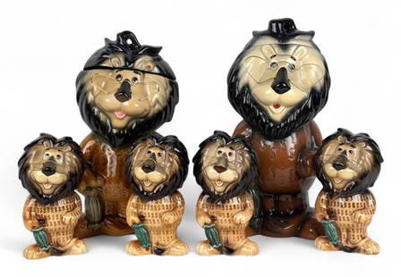 (6) Lion Cookie Jars & Banks: Tallest: 15" Condition: A few small nicks on one of the cookie jars; otherwise, in good condition consistent with age.