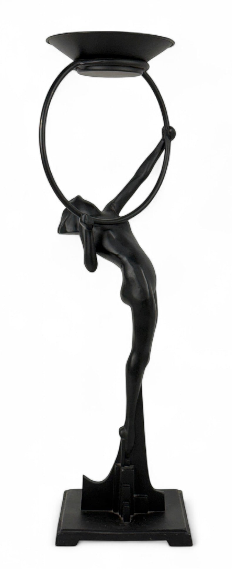 Frankart 'Hoop Girl' Floor Ashtray: Marked Frankart Inc. Pat Applied For. Height: 25" Condition: Missing glass insert, otherwise in good condition.