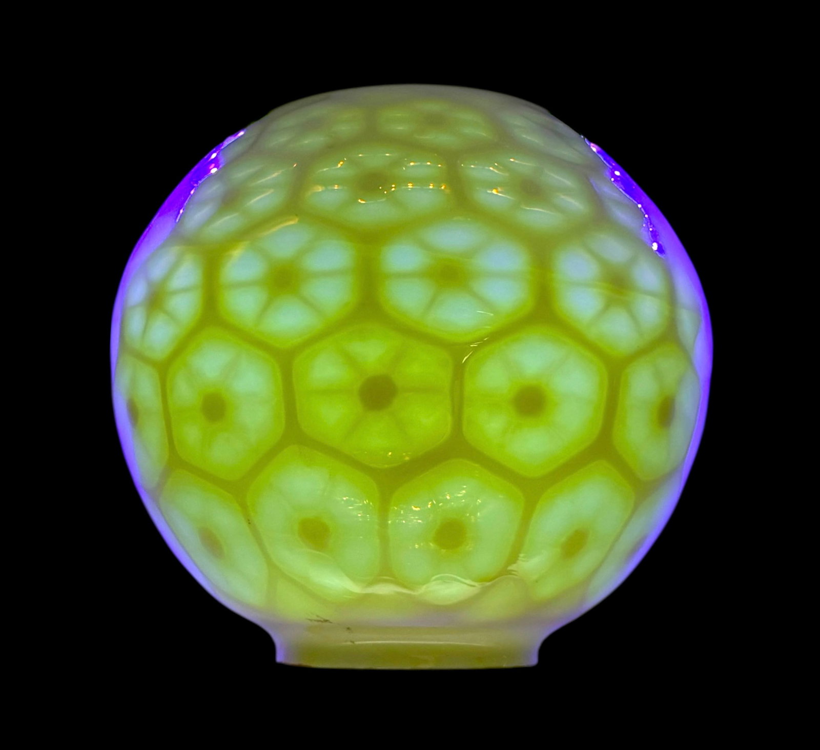 LCT Style Vaseline Honeycomb Globe Shade: Signed “LCT” on the inner rim; however, we are unable to represent it as authentic. Height: 9" Diameter: 9" Fitter Rim: 4" Top Opening: 3 5/8" Condition: Very