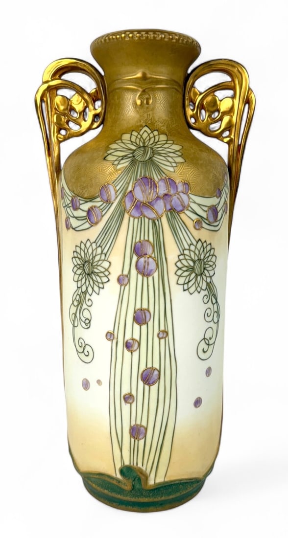 Turn Teplitz Amphora Art Nouveau Vase: Marked on the bottom: Turn-Teplitz for Reissner, Stellmacher, & Kessel. Numbered 41 657 Height: 12" Condition: Very good with no chips or cracks. 