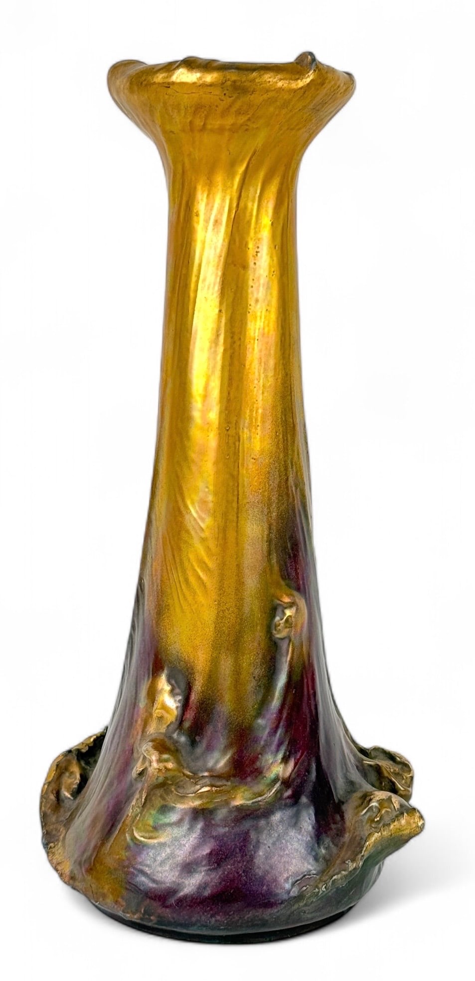 Large Amphora Purple & Gold Pottery Vase: Stamped on bottom. Height: 16 7/8" Dimensions: 6" Condition: Very good with no chips or cracks.