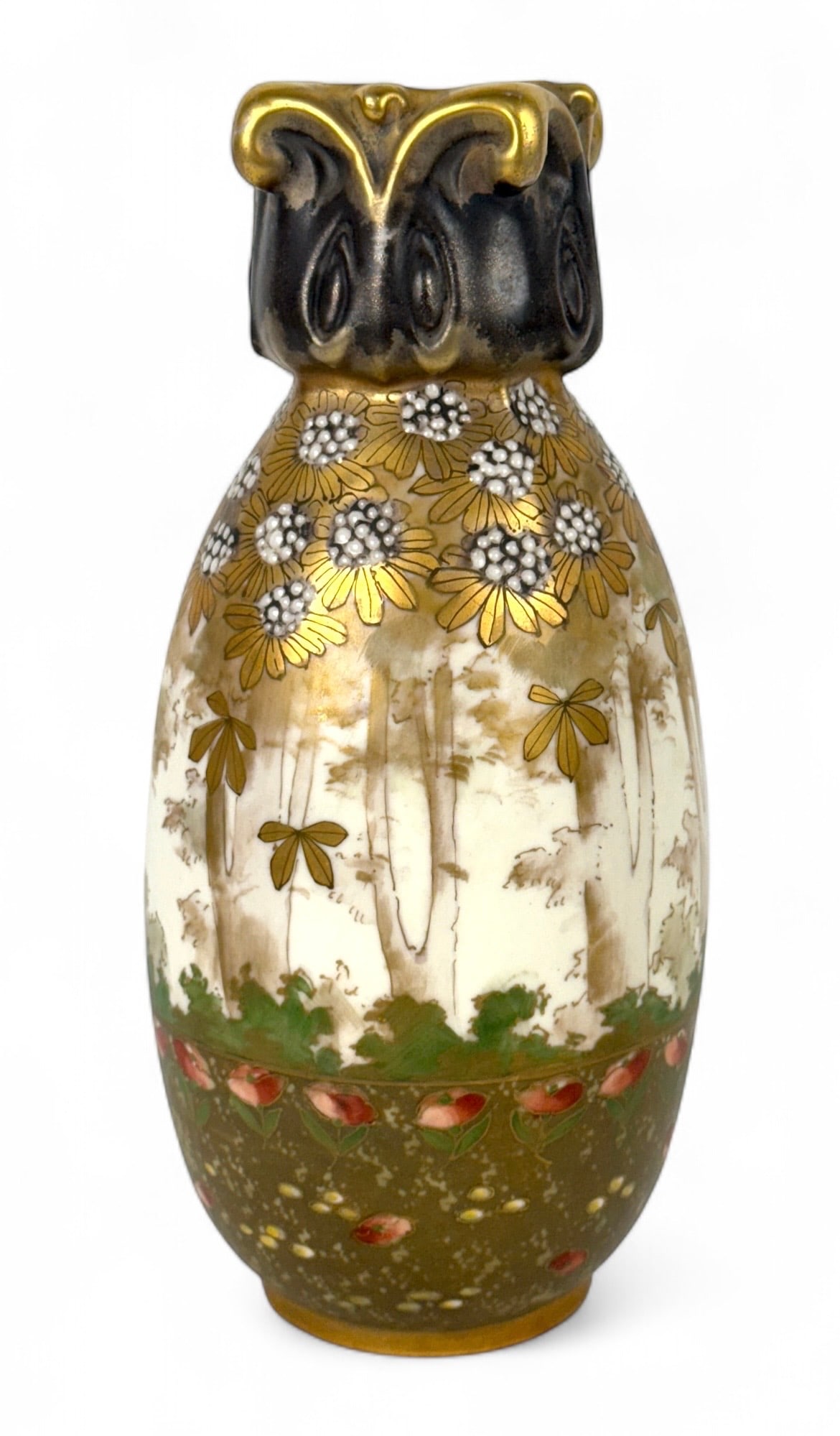 Turn Teplitz Amphora 'Tree & Flowers' Vase: Marked on the bottom "Turn Teplitz' R. St. & K. Reissner, Stellmacher & Kessel, impressed 3992 Height: 10" Condition: Very good with no chips or cracks History: Produced in