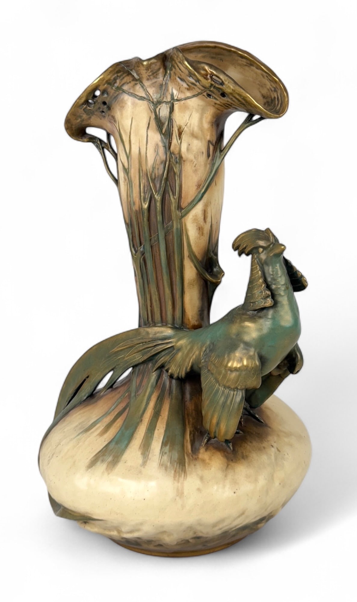 Art Nouveau Amphora Pheasant Pottery Vase: Amphora Pottery Vase with Pheasant Relief. Impressed Amphora mark and signed to base. Height: 20 1/4" Base Diameter: 7" Condition: Very good with no chips or cracks.