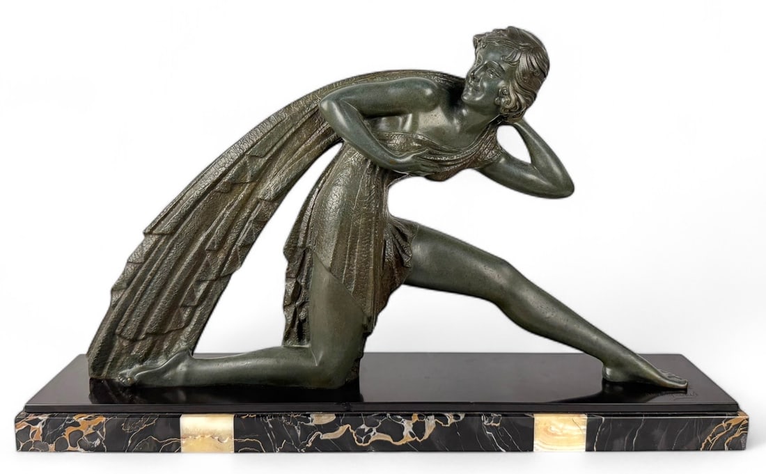 After Demetre Chiparus "Femme A La Drapery" Bronze: Art Deco 'Woman with Drapery' green-patinated bronze sculpture on a marble base. Signed "D.H. Chiparus" on the front right side of the base. Marked "BRONZE" on back of scul