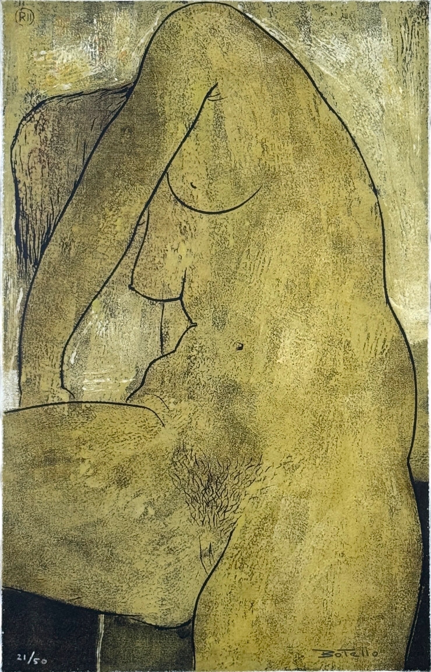 Angel Botello "Desnudo" Linocut: Spanish-Puerto Rican (1913- 1986), signed in the lower right, numbered 21/50 in the lower left. Frame: 31" x 23" Image: 22" x 14" Condition: Slight crackle to the paint on th