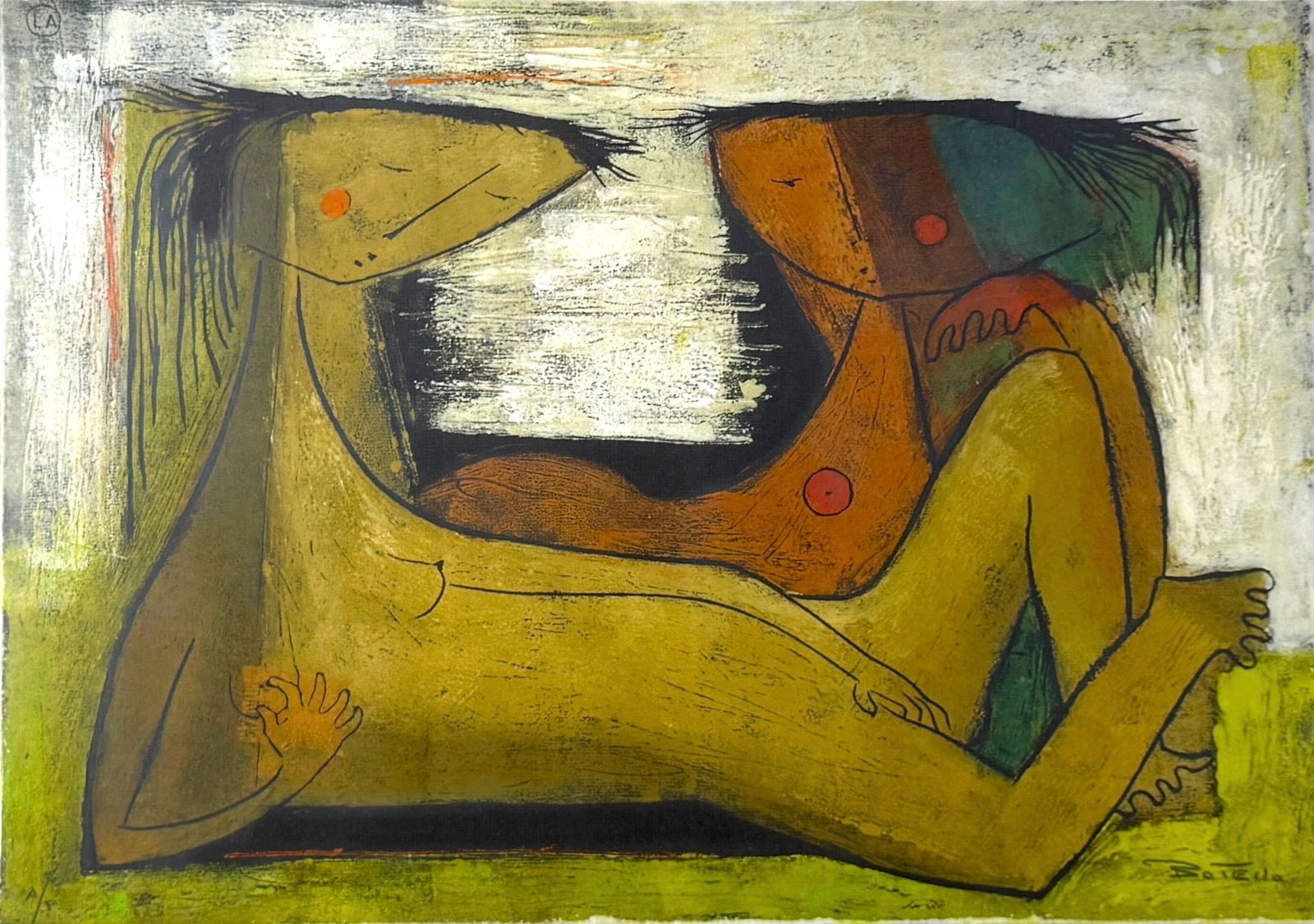 Angel Botello 'Two Friends' Linocut: Signed in the lower right corner, A/P in the lower left. Frame: 26" x 31 1/2" Image: 14 1/2" x 20 1/2" Condition: Small nicks around the frame; otherwise, the frame and