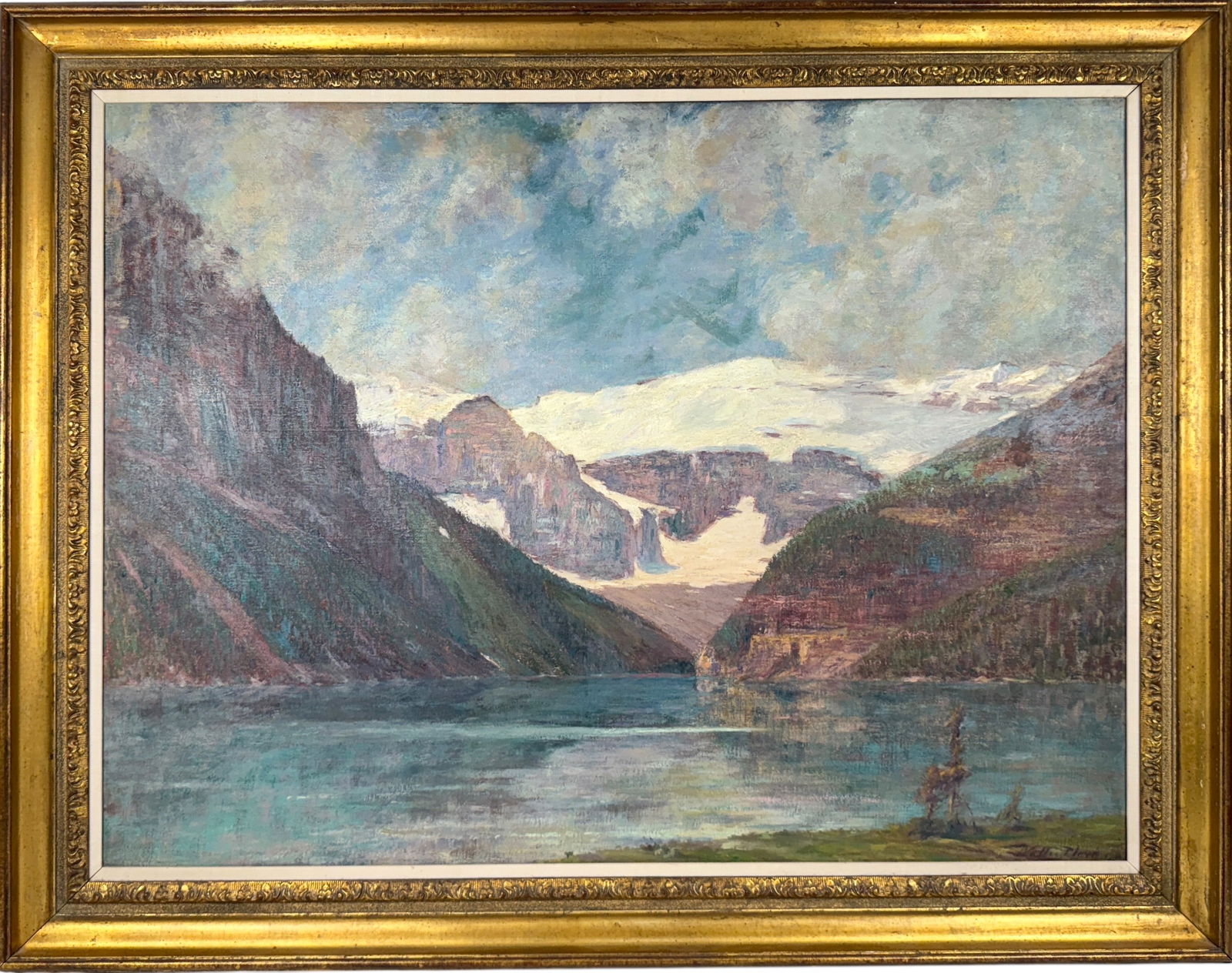 Walter Clark 'Canadian Rockies' Oil On Canvas: The image depicts Lake Louise in British Columbia, Canada. Frame: 37" x 47" Image : 29 1/2" 39 1/2" Condition: The frame shows light surface scratches; the image is in