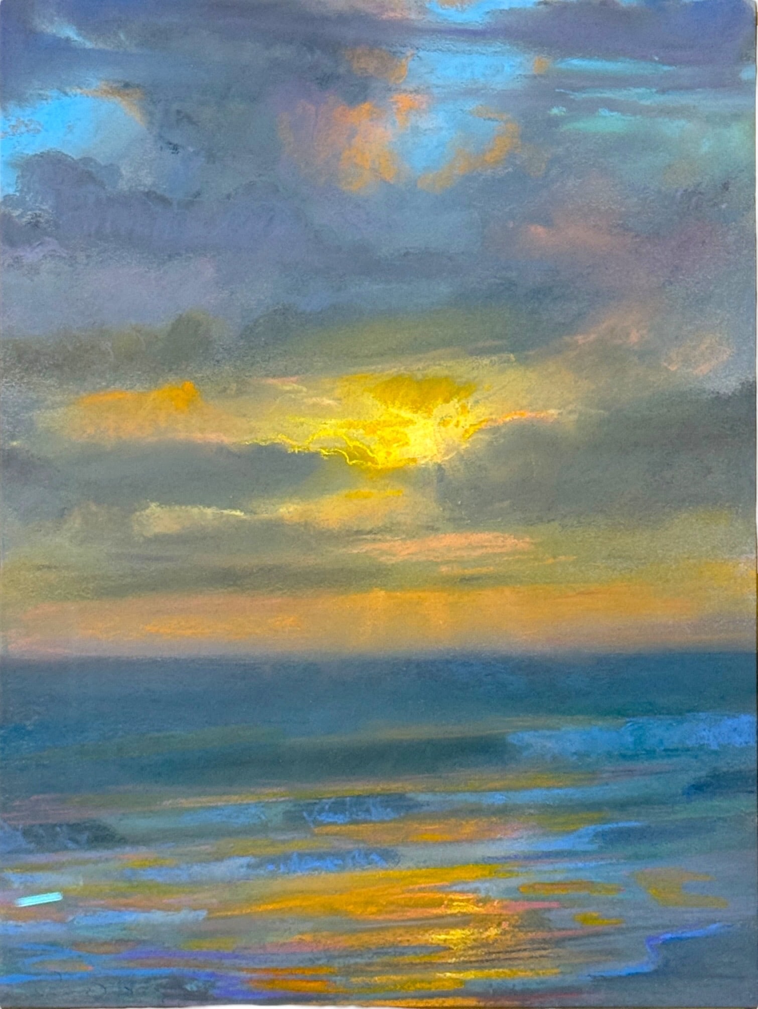 Peter Adams “Majestic Sunset" Pastel On Paper: Signed in the lower left-hand corner. Frame:25 1/2" x 21" Image: 16" x 12" Condition: Some small chips and areas of paint loss on the frame. The image is in very good condition.