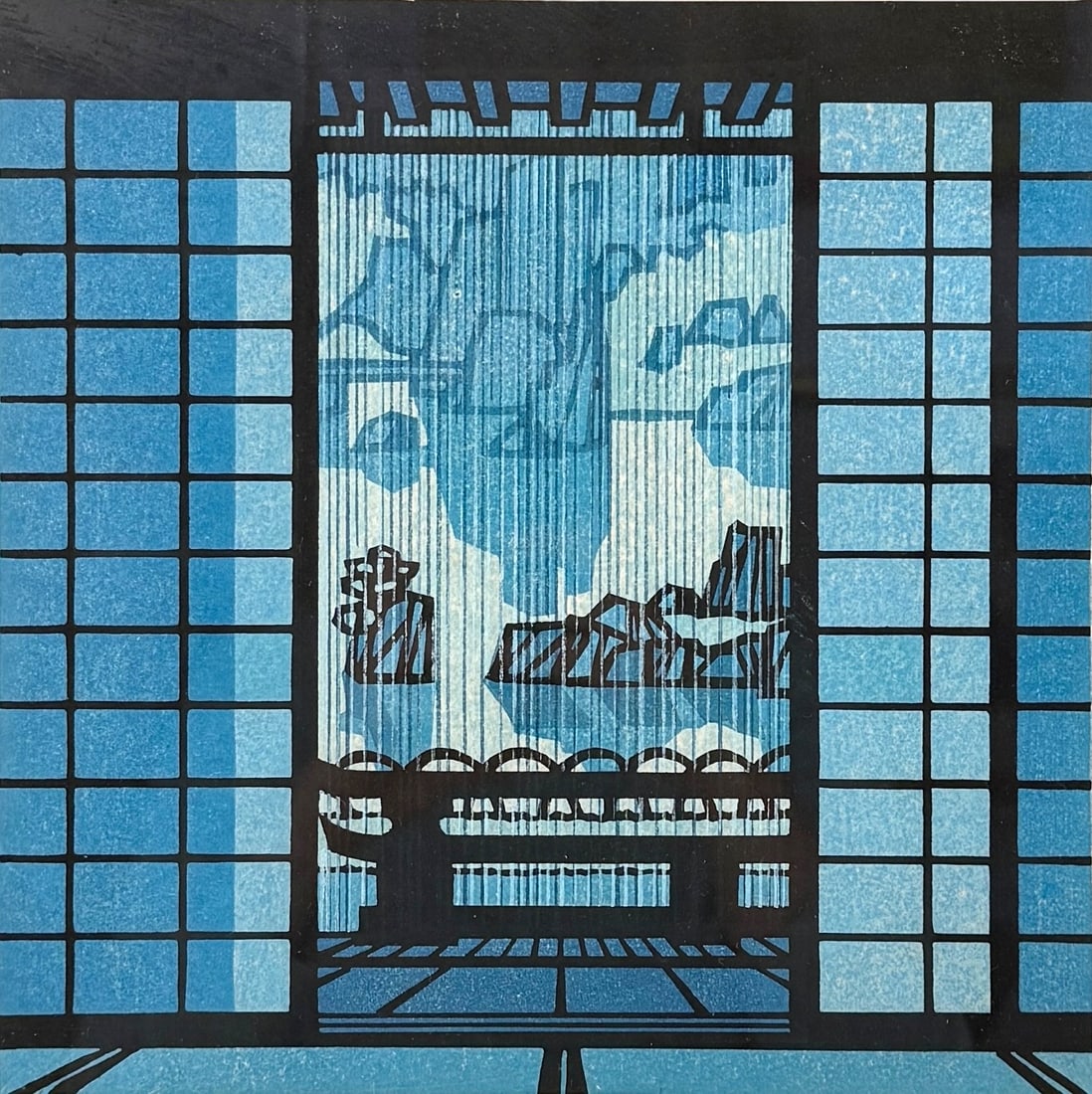 Clifton Karhu "Tenryuji Rain" Woodblock Print: American/Japanese artist (1927–2007). Signed in the lower right corner, titled in the lower center, and numbered 44/100 in the lower left. Frame: 16 3/4" x 16 3/4" Image: 10" x 10