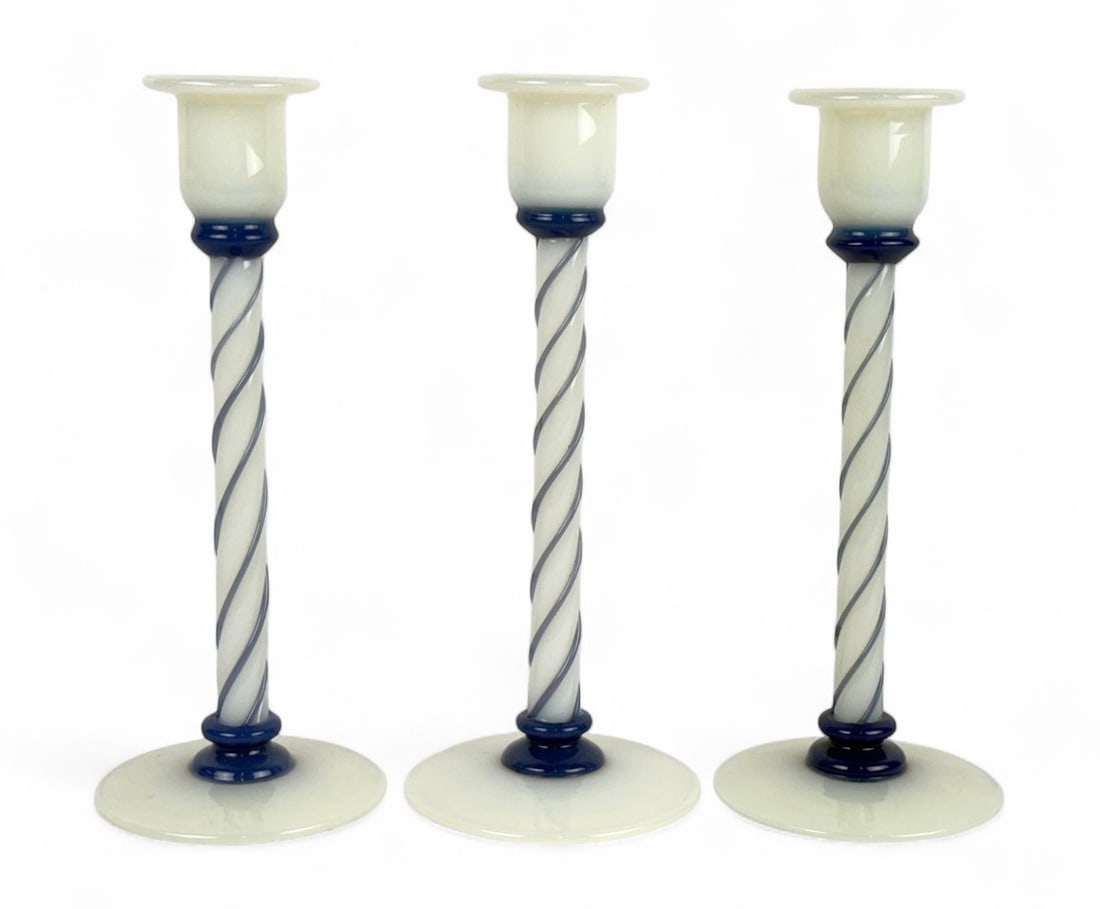 (3pc) Fry Foval Delft Blue Twist Candlestick Holders (1 of 3)