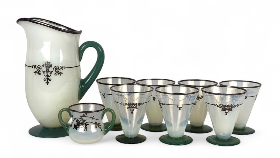 (8pc) Fry Foval Jade Green Silver Accented Iced Tea Set (1 of 10)