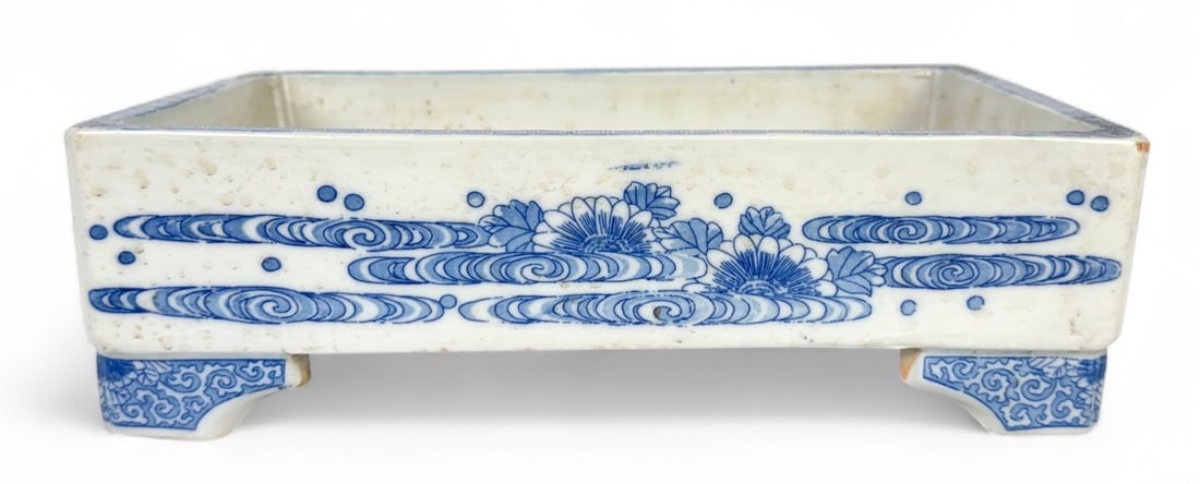 Asian Blue & White Rectangular Jardiniere: Unmarked Dimensions: 12"L x 8 1/4"W x 3 1/4T Condition: Very good with no chips or cracks. 