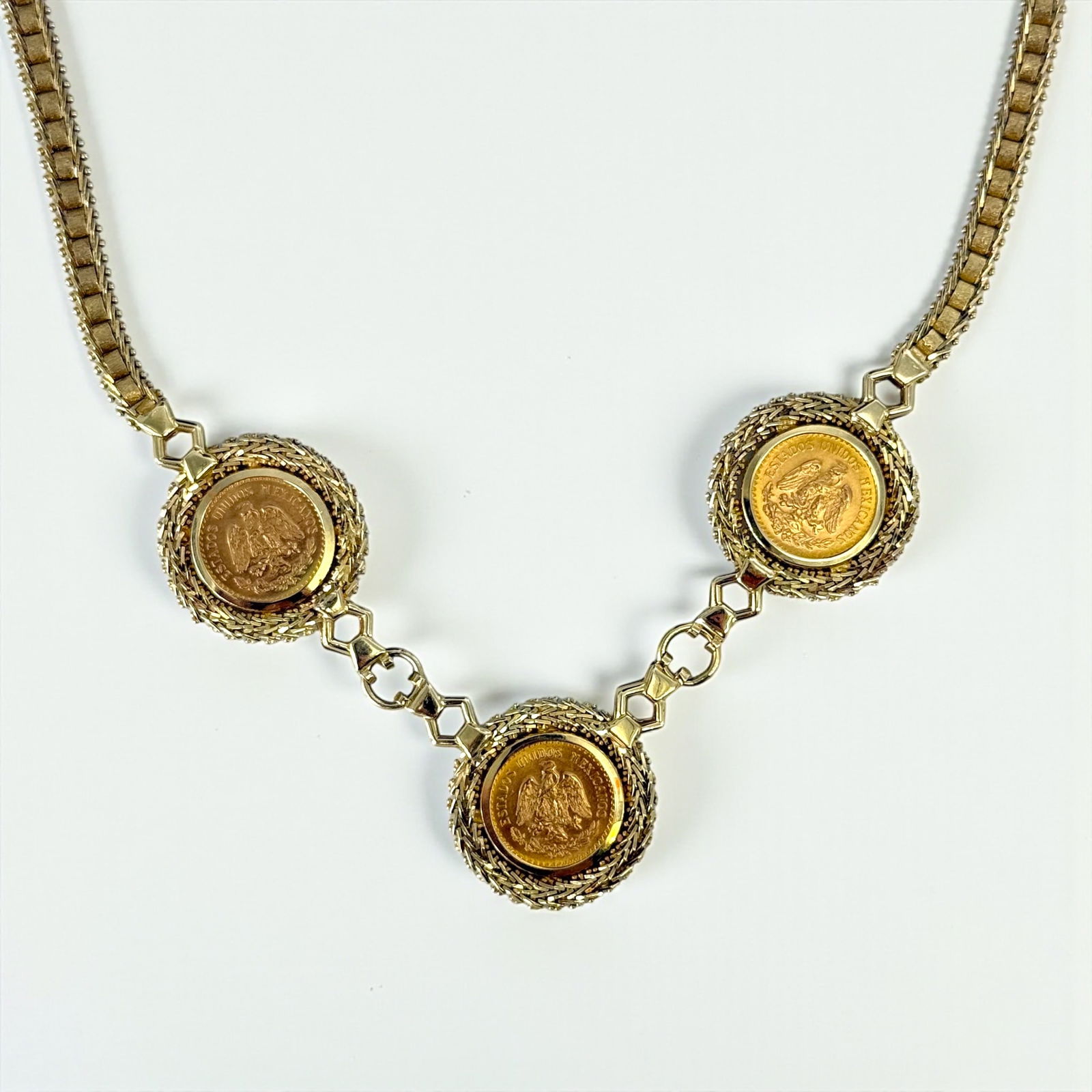 14K Yellow Gold Necklace w/(3) Mexican 2 1/2 Gold Peso Coins (1 of 3)