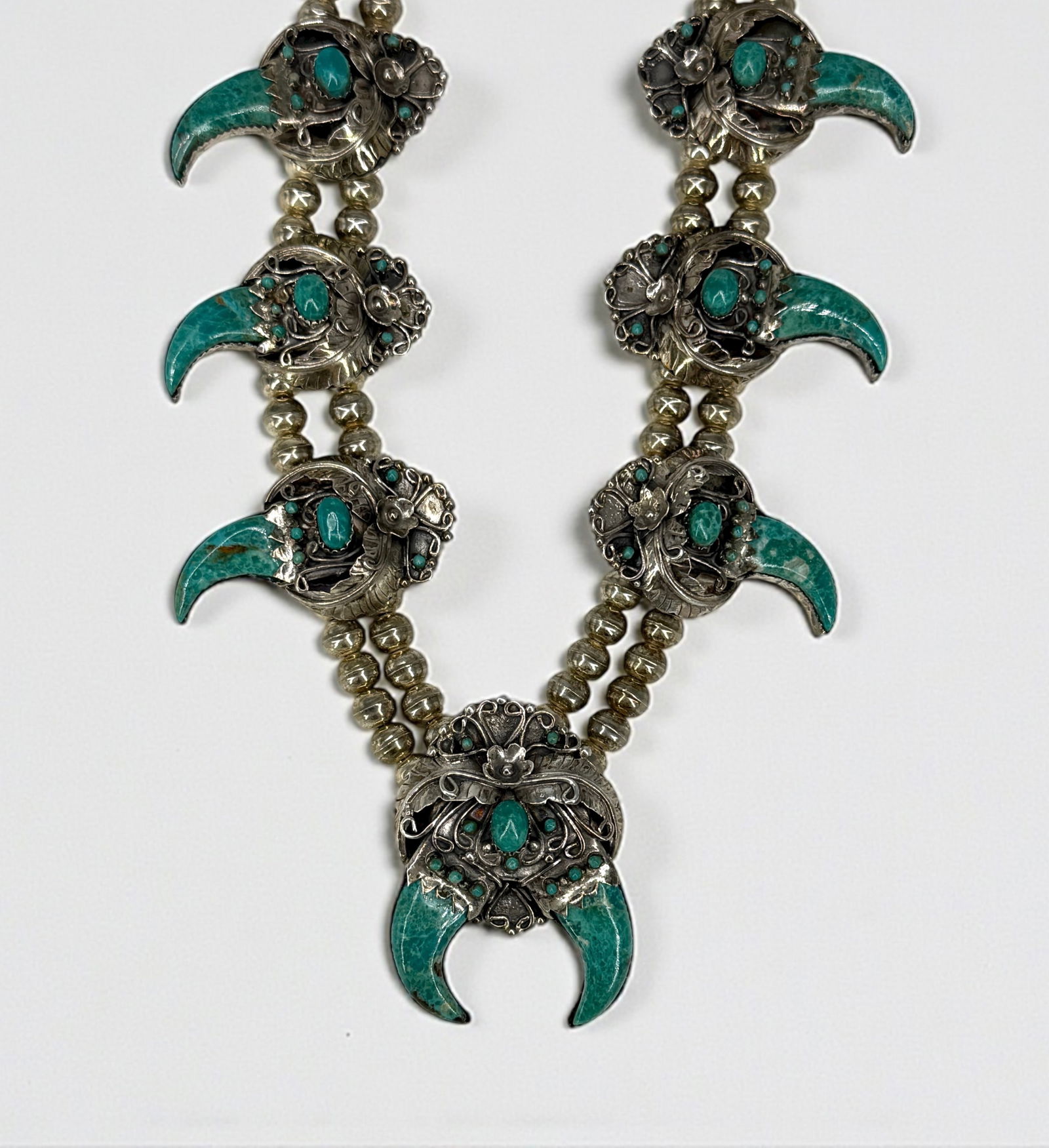 Navajo Sterling Silver & Turquoise Bear Claw Squash Blossom Necklace (1 of 4)