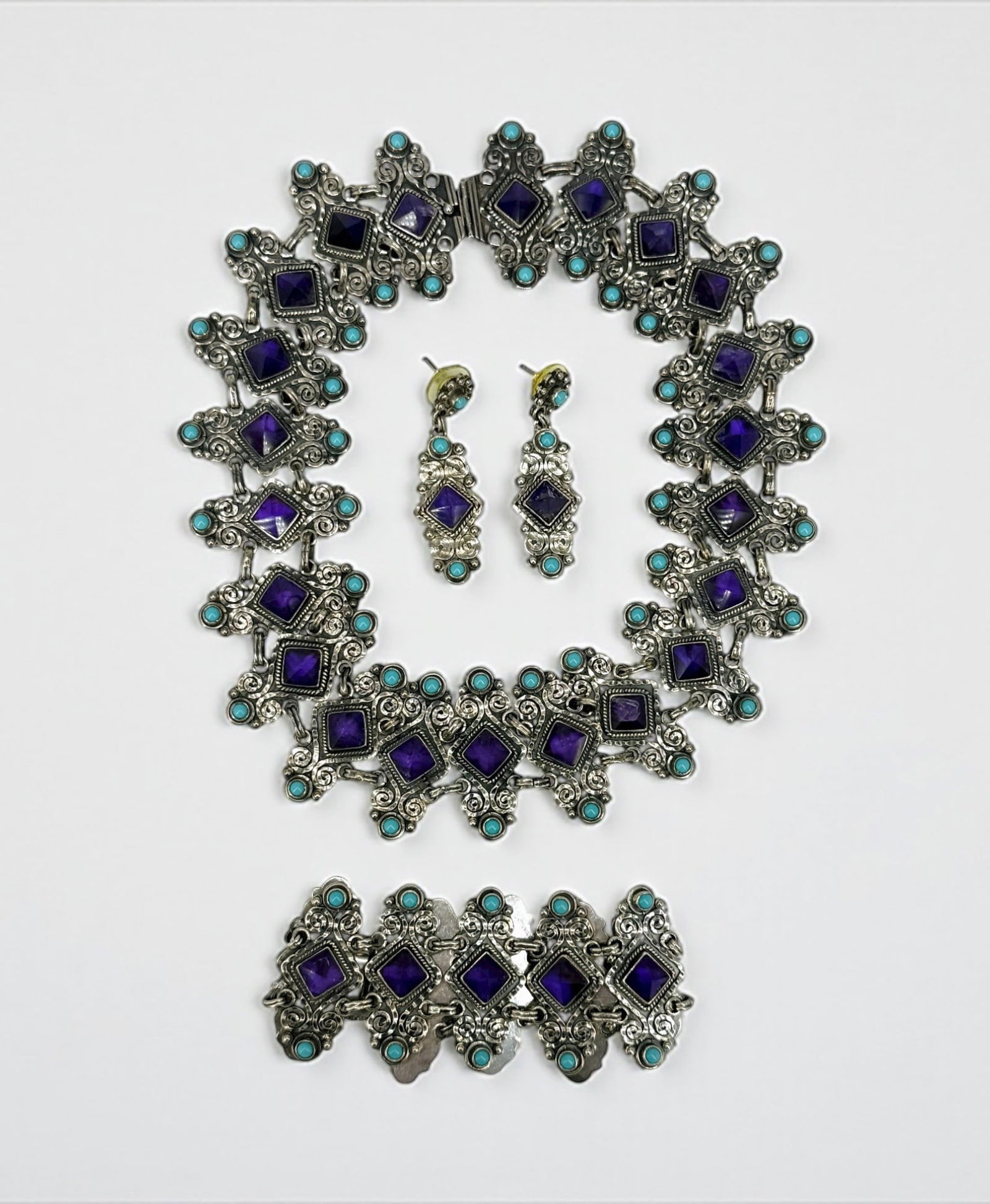 (4pc) Mexican Modernist Sterling, Amethyst & Turquoise Set (1 of 10)