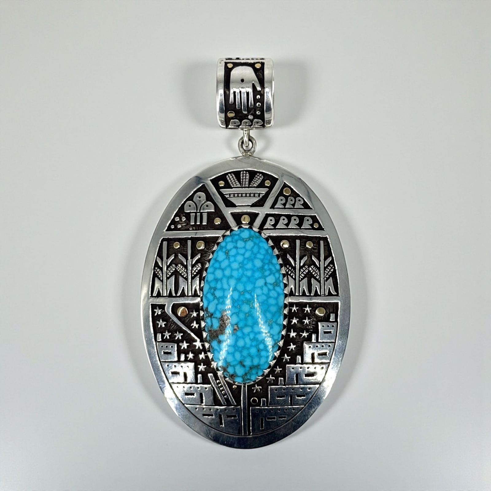 Large Joseph Coriz Santo Domingo Sterling & 14K Turquoise Pendant (1 of 4)