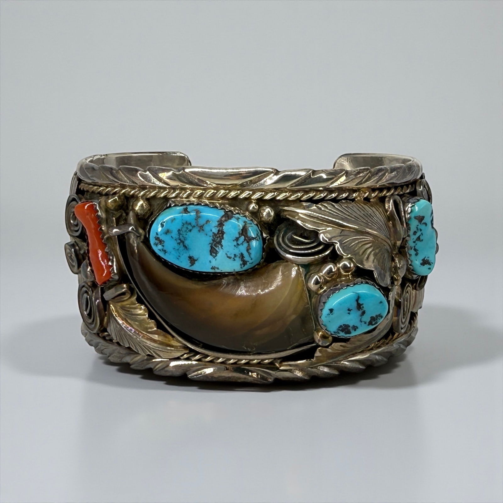 Mike Thomas Bear Claw Sterling Turquoise Coral Cuff Bracelet (1 of 6)