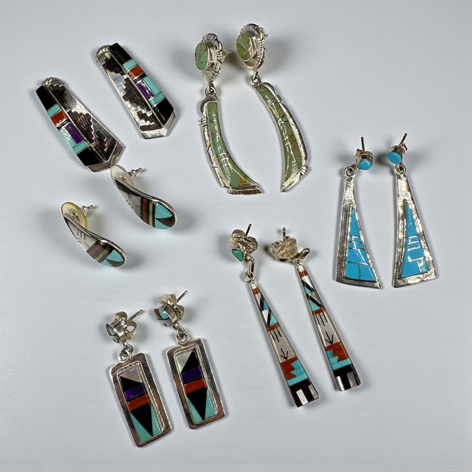 (6) Zuni Sterling SIlver Turquoise & Stone Pierced Earrings (1 of 3)