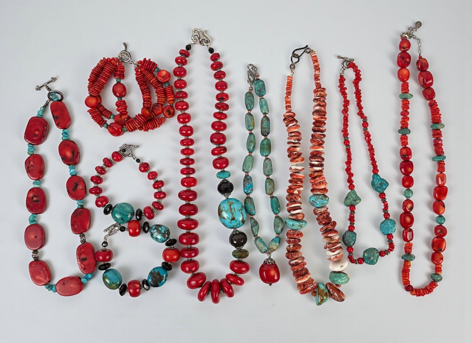 Turquoise & Coral Bead Jewelry Group: Longest Necklace Length: 24" Condition: Very Good 