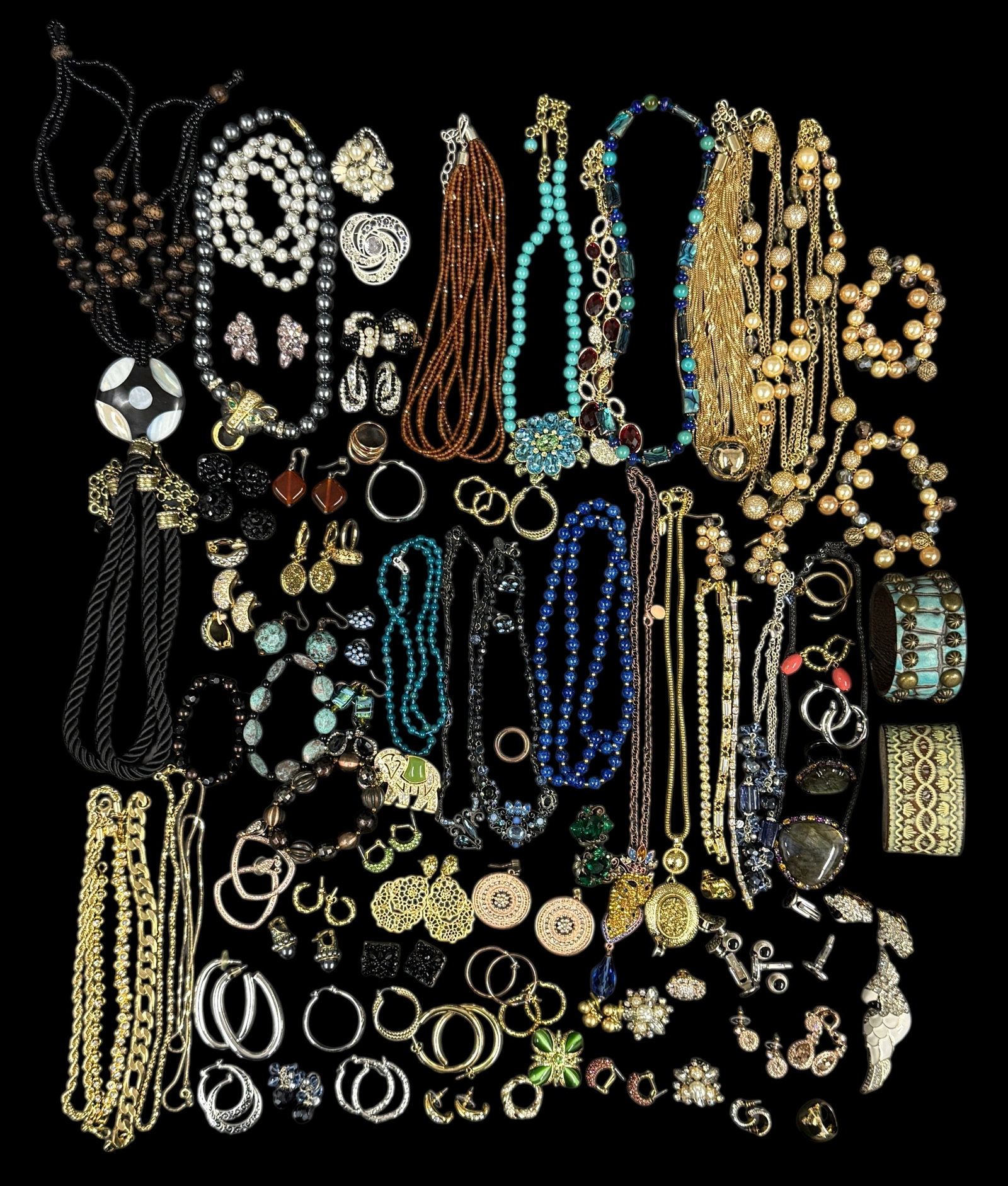 Group Of Costume Jewelry Including Turquoise-Style & Gold-Tone Pieces: A variety of necklaces, bracelets, and earrings. Please see photos for details. Condition: Good