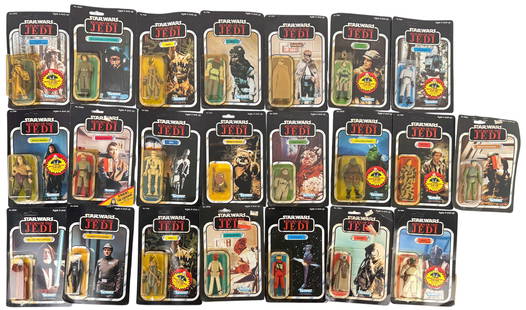 (22) Vintage Kenner Star Wars Return of the Jedi Action Figures: Including ROTJ Klaatu, Nikto, Prune Face, General Madine, and more. All unopened in original packaging.Some light wear is