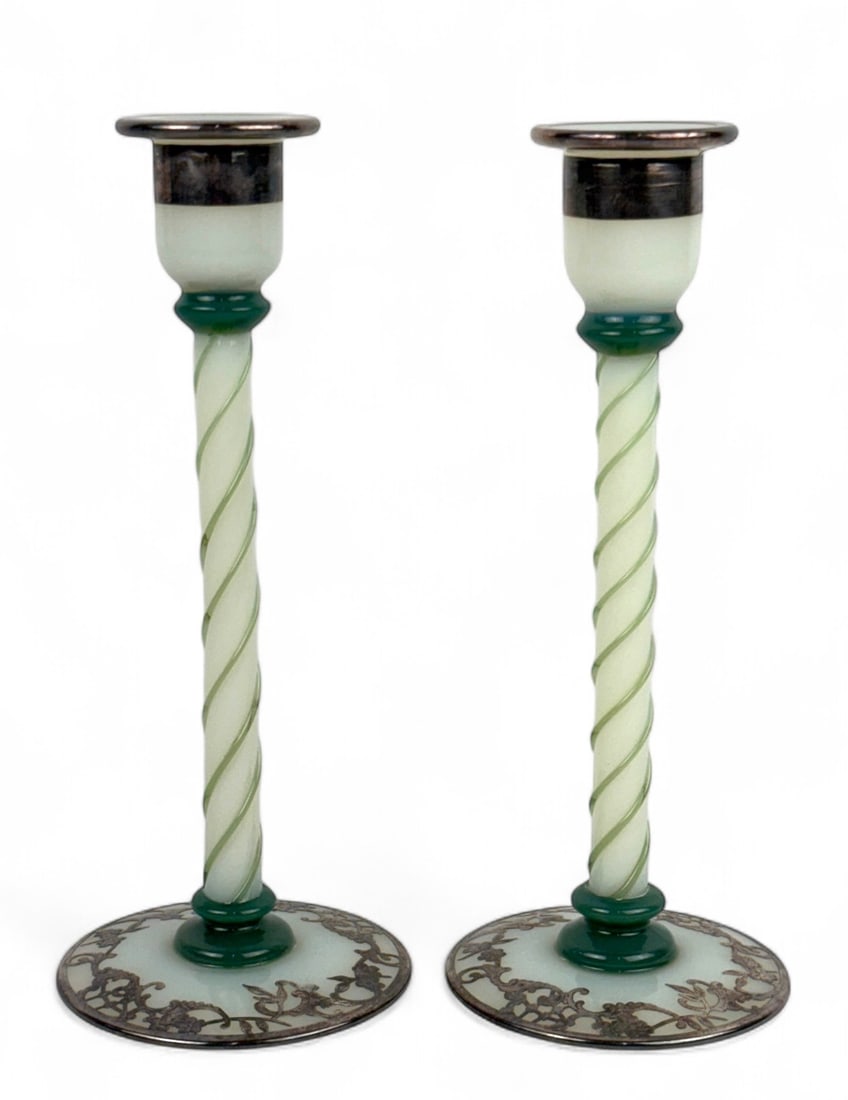 Pair Of Fry Foval Jade Green Silver Overlay 10" Candlesticks (1 of 6)