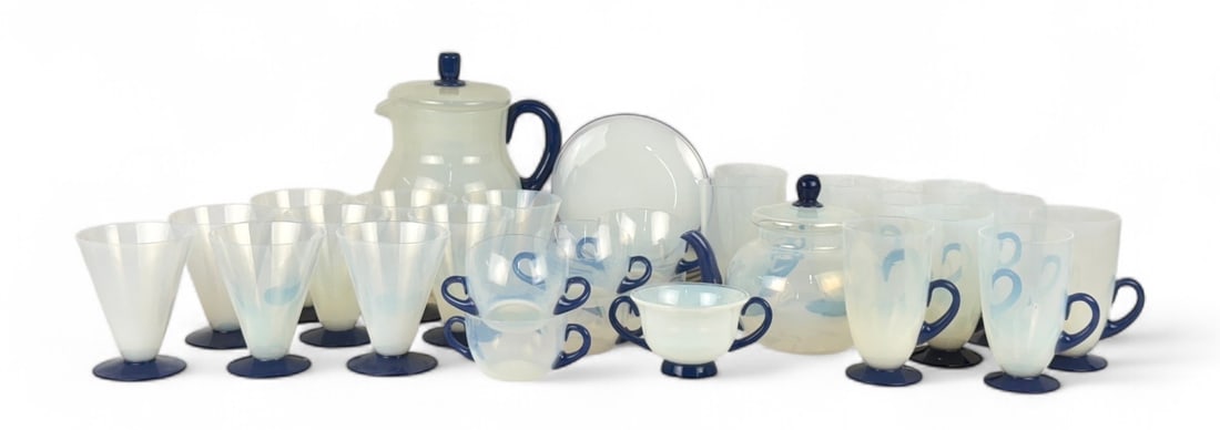 (35pc) Fry Foval Delft Blue Lemonade Set & More: Unmarked (1) Tea Pot (1) Jug & Cover 10" (6) Bouillon Cups (1) Sugar Bowl (7) Plates - 6 1/2" (10) Footed Iced Tea Cups (9) Footed Wine Condition: Very goo