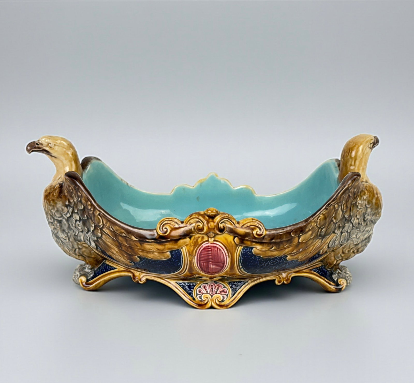 Antique Sarreguemines Majolica Centerpiece: Dimensions: 7"H x 9"W x 16"L Marked: Sarreguemines and numbered 1179 D on the underside. 