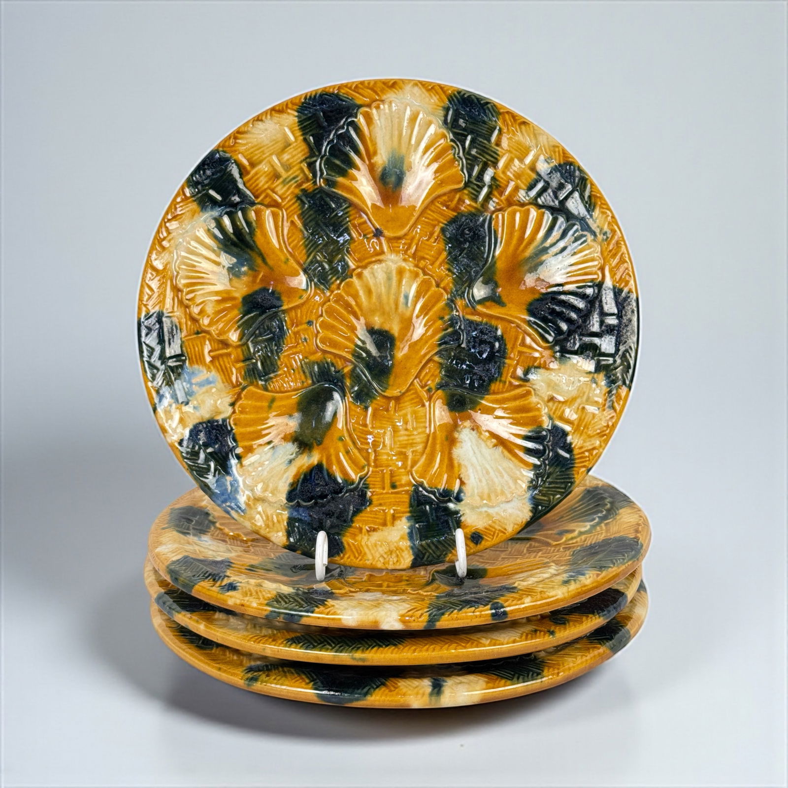 (4pc) Antique French Vallauris Majolica Oyster Plate (1 of 6)
