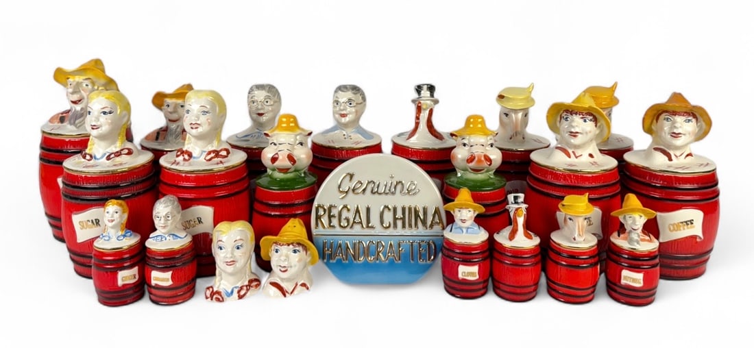 Regal China "Old McDonald" Canisters & More: Includes canister set, salt, and pepper shakers. All "Pat Pending" numbers on the base and lids. Tallest: 11" Condition: Very good with no chips or cracks.