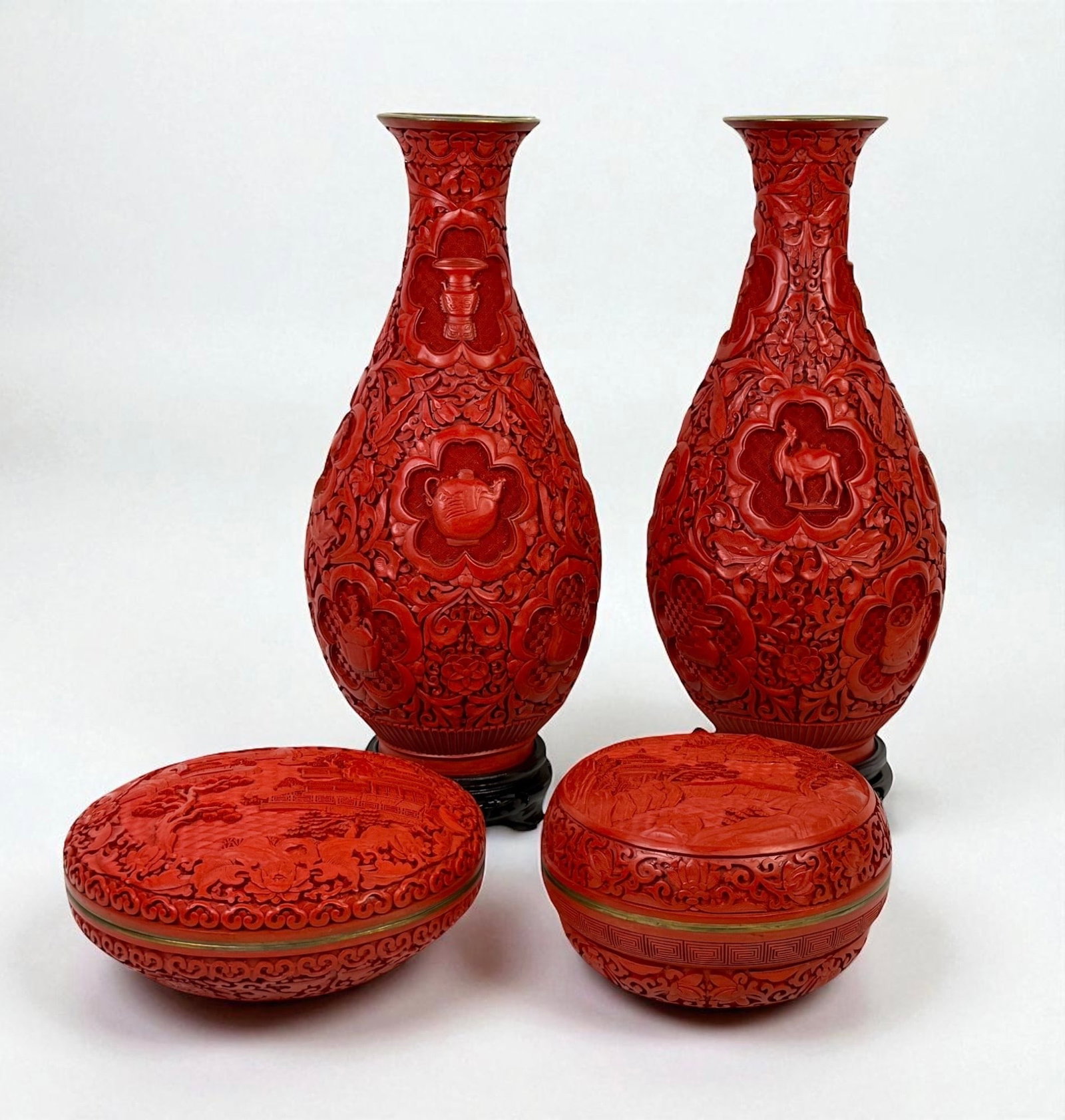 (4pc) Chinese Cinnabar Lacquer Vases Covered Boxes & Original Boxes (1 of 13)