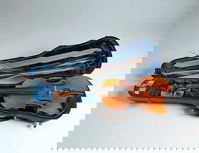 After Stradivarius Violin Dated 1929: Wood with ebony fittings, violin bow with abalone inlay, housed in a blue velvet-lined fitted case. Interior bears multiple labels, including “Florentina Reproduction of Antonius Stradivari