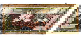 Stained Glass Lotus Flower Window Panel: Dimensions: 17 3/8"T x 42 3/8"W x 1 3/4"D Condition: Surface wear and minor scratches to the wood frame. Areas of finish loss and light residue on the glass. One red glass pane n