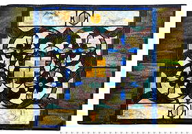 Stained Glass Blue & Amber Geometric Floral Design Panel: Dimensions: 24” x 34” Condition: Overall good condition with minor surface wear and light scratches consistent with age. A few panels show small hairline fractures,